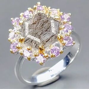 Elegant Natural Rutilated Quartz & Amethyst Ring in 925 Sterling Silver. Size 8